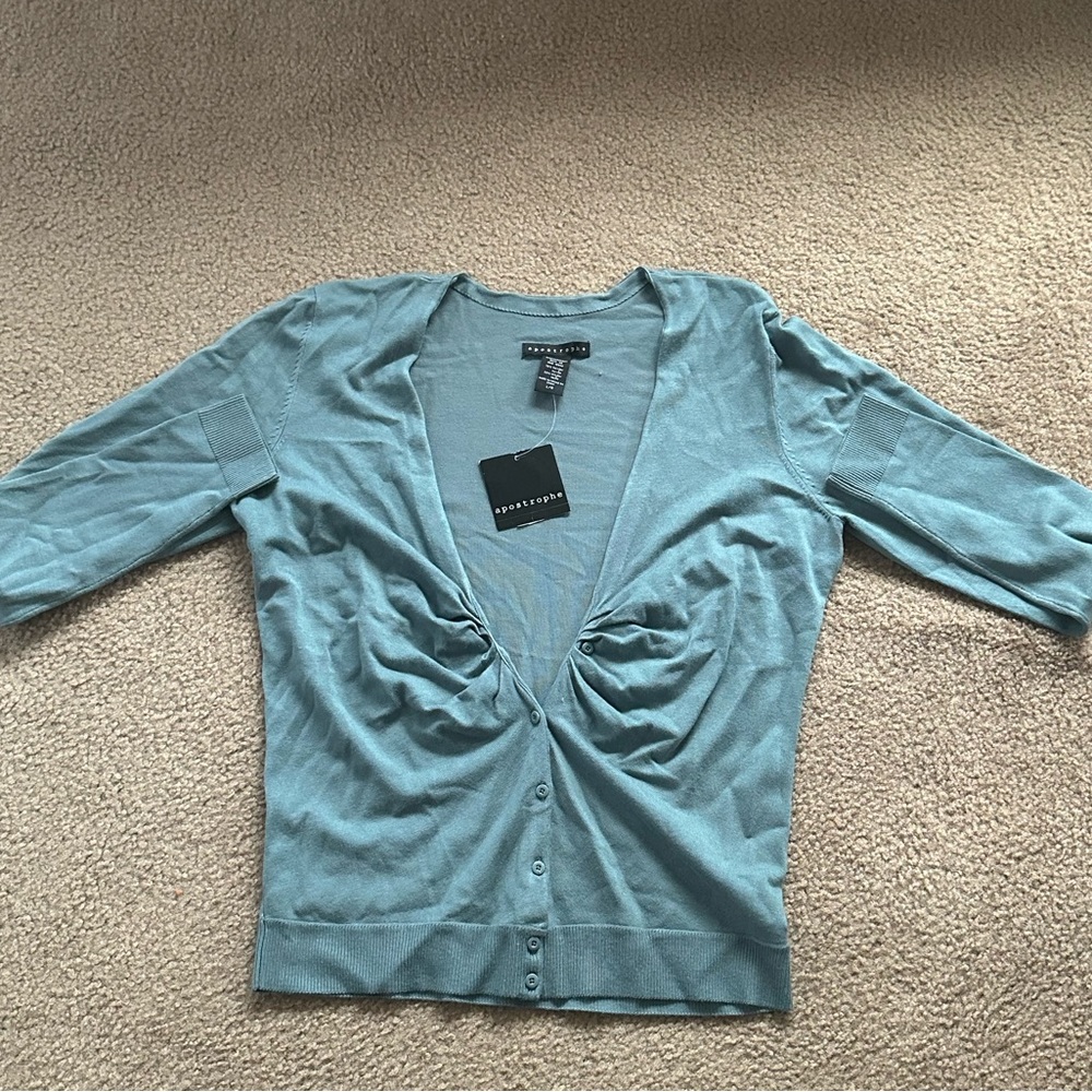 Apostrophe green cardigan sweater. size large. long sleeve.